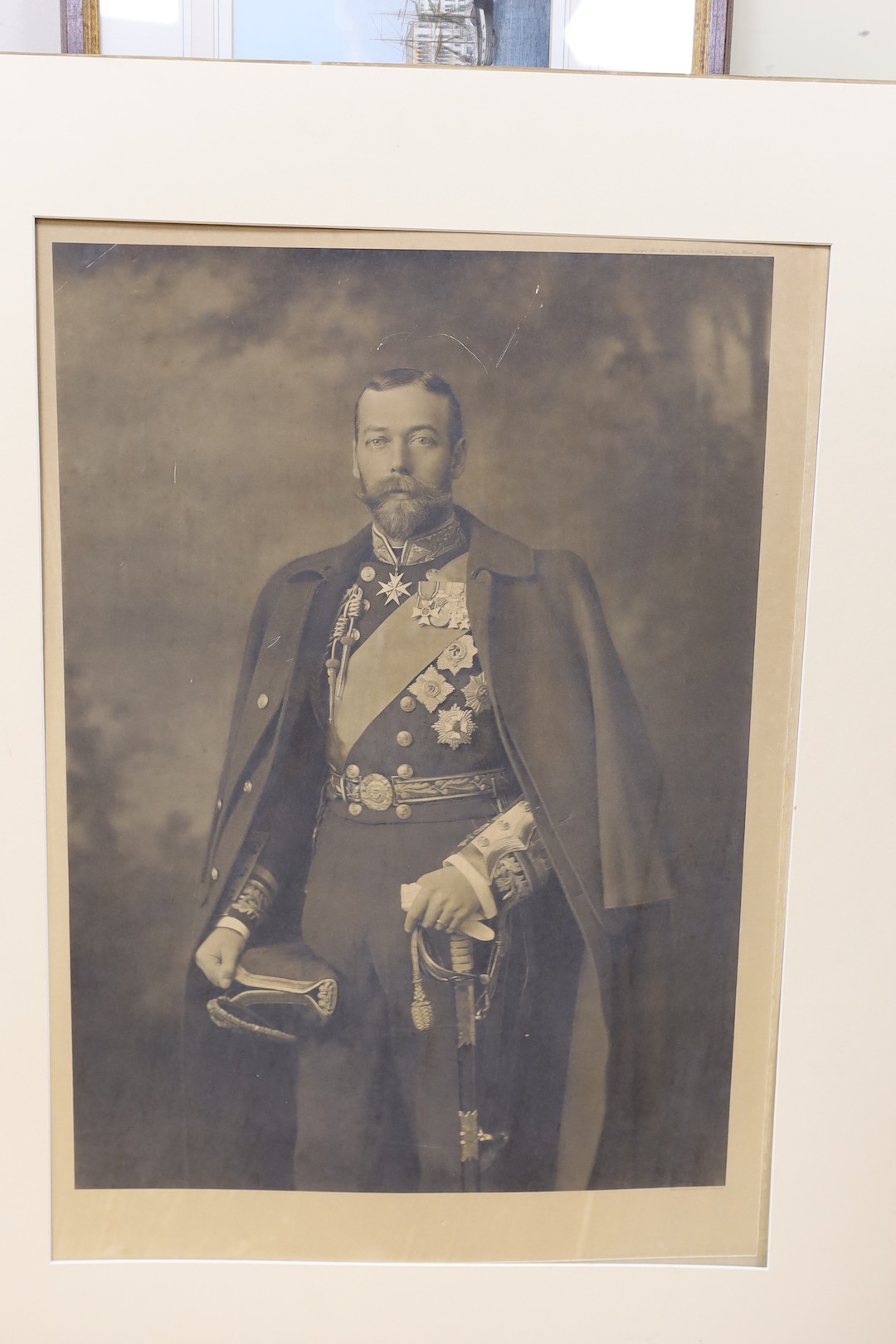 James Higgs, watercolour, George V in uniform, signed and dated 1928, 40 x 30cm, and four assorted prints